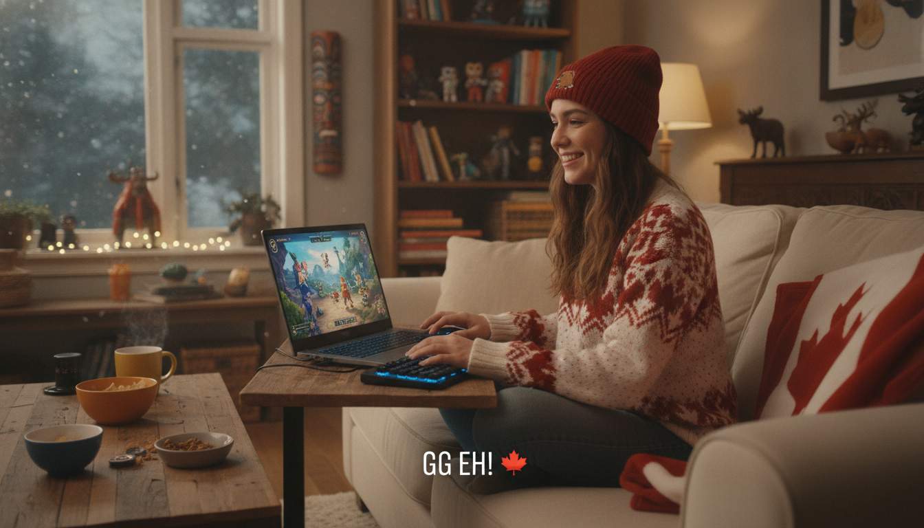 A woman enjoying online gaming on a laptop