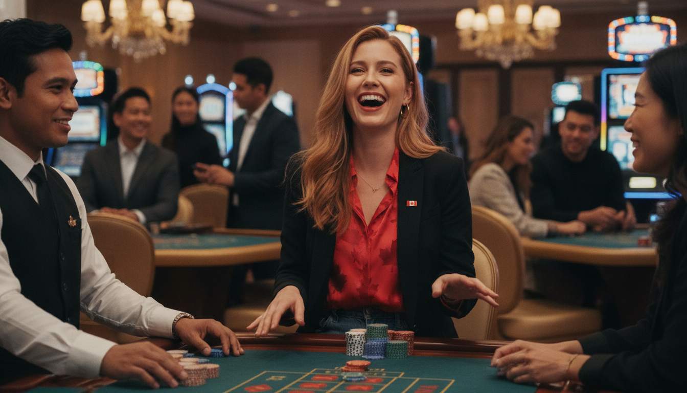 A happy Canadian woman enjoying her VIP gaming experience